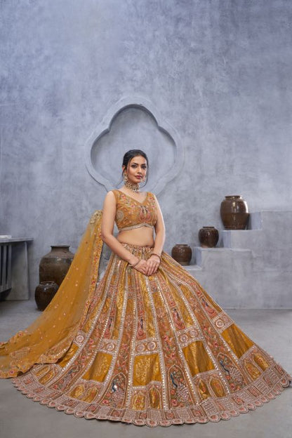 The bagh collection: Marvelous Mustard with peacock Embroidered bridal lehenga