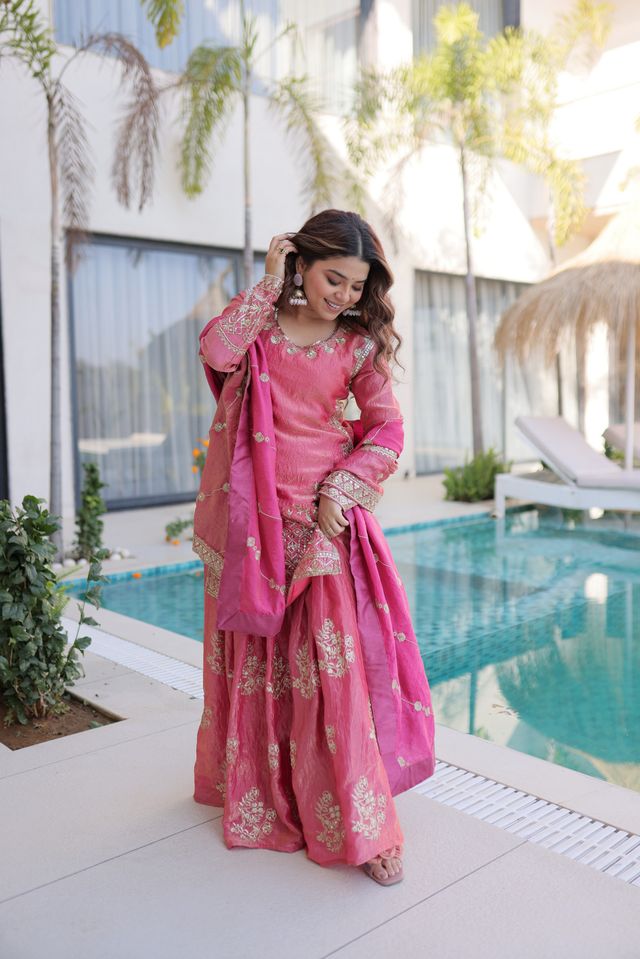 Pink Color Fendy Crush Fabric Classy Sequins Embroidered Partywear Readymade Suit With Dupatta