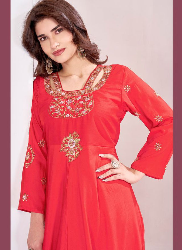 Red Color Beautiful Embroidered Ceremonial Gown For Classy Looks