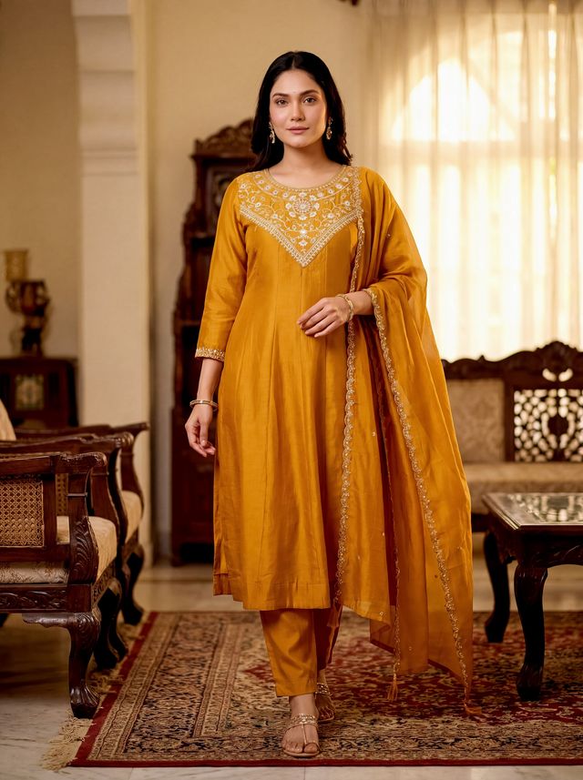 Mustard Color Beautiful Vichitra Silk Fabric Designer Ceremonial Readymade Suit