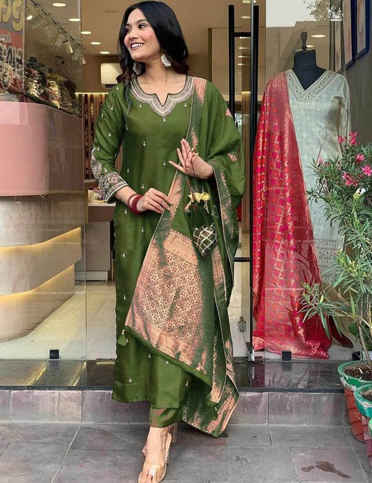 Mahendi Color Designer Embroidered Ethnic Partywear Suit