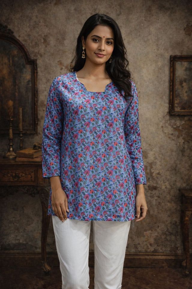 Blue Color Designer Digital Printed Muslin Fabric Foral Ethnic Kurta