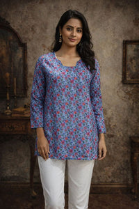 Blue Color Designer Digital Printed Muslin Fabric Foral Ethnic Kurta