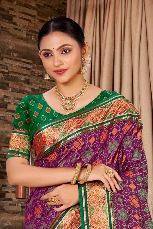 Purple Color Ethnic Patola Silk Fabric Beautiful Festive Saree