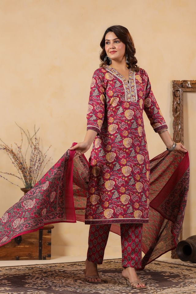 Pink Color Cotton Fabric Stylish And Trendy Kurta Set For Ethnic Girls