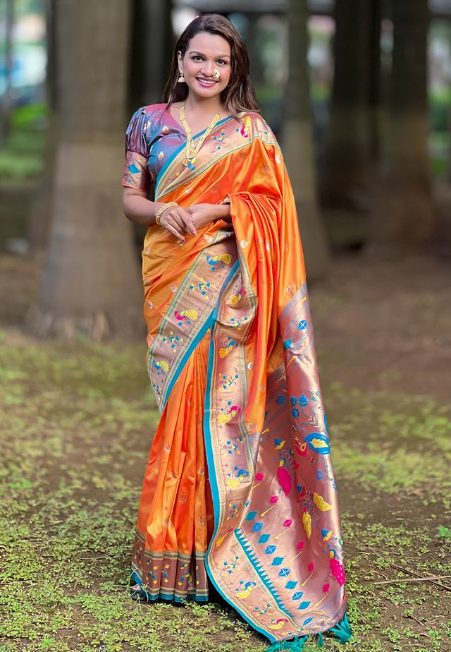 Orange Color Soft Silk Fabric Woven Meenakari Designer Ethnic Partywear Saree