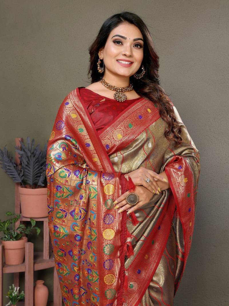 Golden Pure Banarasi Tissue Silk With Leheriya Weaving Saree With Blouse