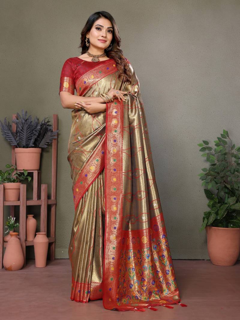 Golden Pure Banarasi Tissue Silk With Leheriya Weaving Saree With Blouse