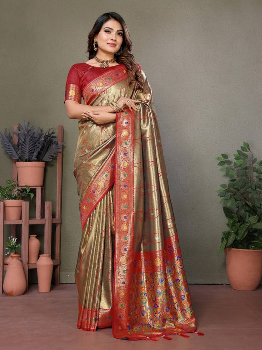 Golden Pure Banarasi Tissue Silk With Leheriya Weaving Saree With Blouse