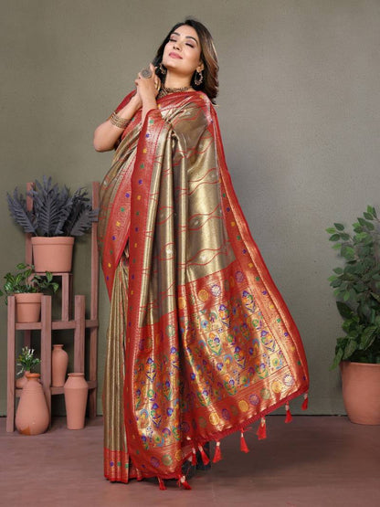 Golden Pure Banarasi Tissue Silk With Leheriya Weaving Saree With Blouse