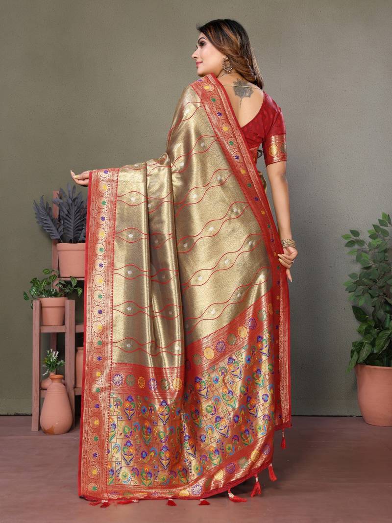 Golden Pure Banarasi Tissue Silk With Leheriya Weaving Saree With Blouse