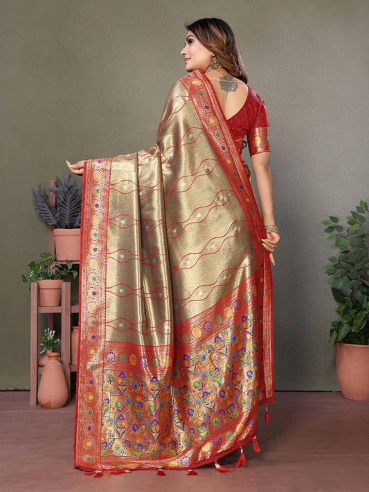 Golden Pure Banarasi Tissue Silk With Leheriya Weaving Saree With Blouse