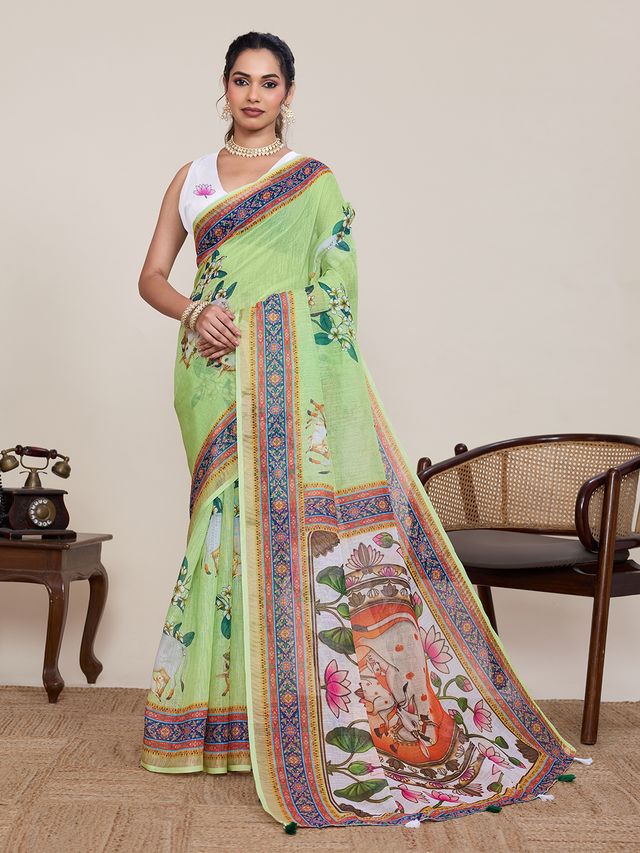 Green Color Linen Silk Fabric Beautiful Partywear Saree