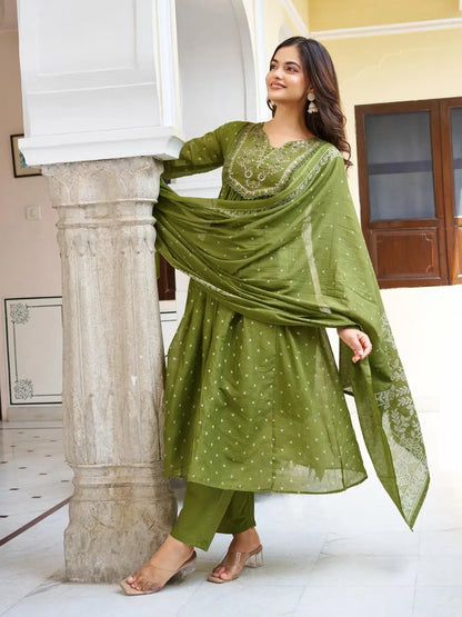 Women's Beautiful Cotton Fabric Embroidery Work Straight Kurta Pant and Dupatta Set 4431
