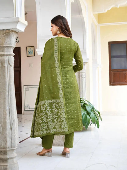 Women's Beautiful Cotton Fabric Embroidery Work Straight Kurta Pant and Dupatta Set 4431