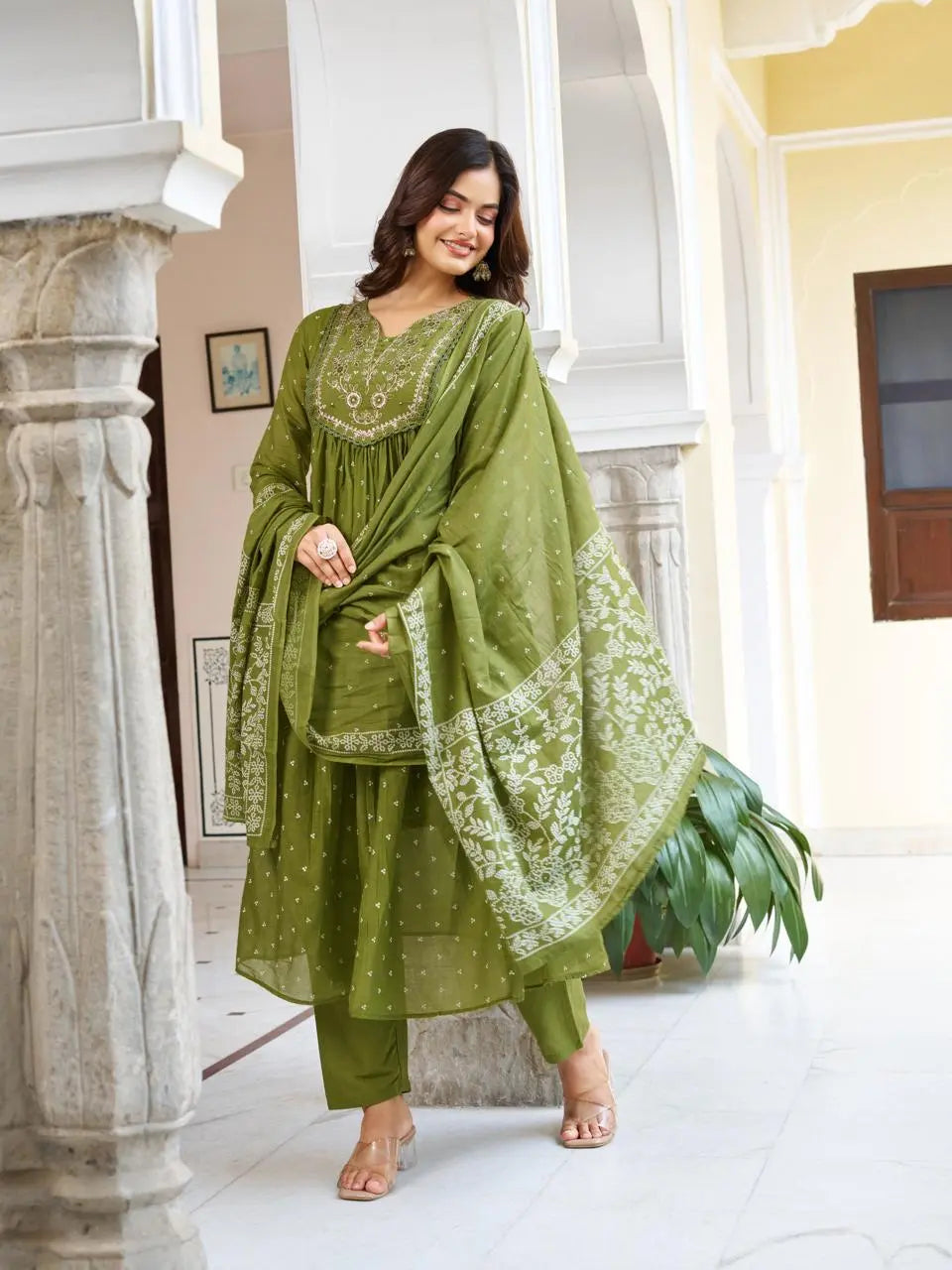 Women's Beautiful Cotton Fabric Embroidery Work Straight Kurta Pant and Dupatta Set 4431