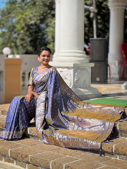Grey Soft Banarasi Silk Meenakari Weaving Saree With Unstitched Blouse