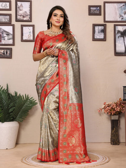 Grey Banarasi Tissue Silk Saree With Weaving Work