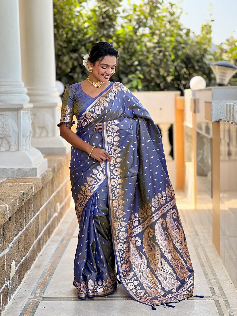 Grey Soft Banarasi Silk Meenakari Weaving Saree With Unstitched Blouse