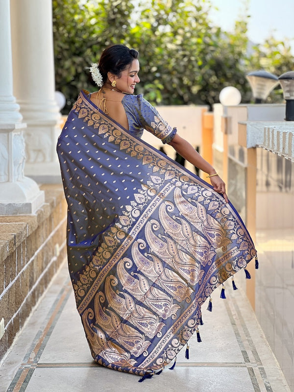 Grey Soft Banarasi Silk Meenakari Weaving Saree With Unstitched Blouse