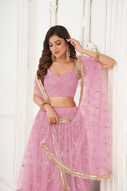 Pink Color Butterfly Net Fabric Designer Sequins Embroidered Ceremonial Lehenga Choli