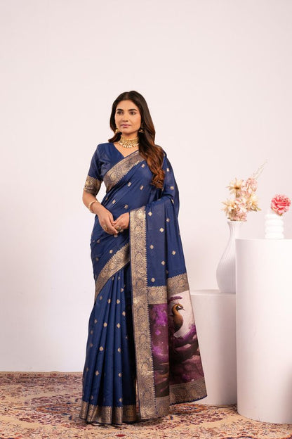 Navy Blue Color Banarasi Silk Saree For Festive Ethnic Saree