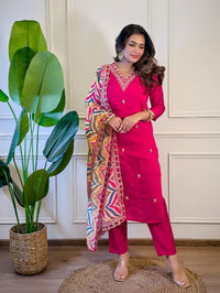 Women's Gorgeous Viscose Embroidery Straight Kurta with Pant And Dupatta Set