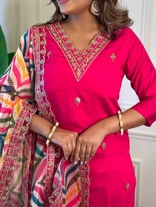 Women's Gorgeous Viscose Embroidery Straight Kurta with Pant And Dupatta Set