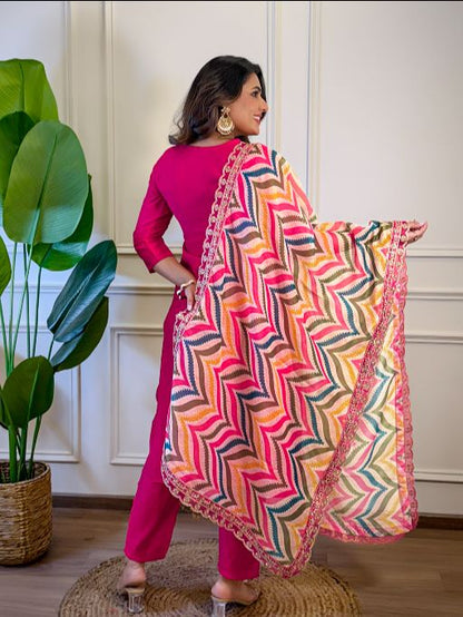 Women's Gorgeous Viscose Embroidery Straight Kurta with Pant And Dupatta Set