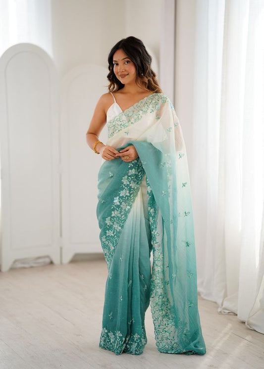 Rama Color Crunchy Fabric Beautiful Sequins Work Bollywood Style Ceremonial Saree