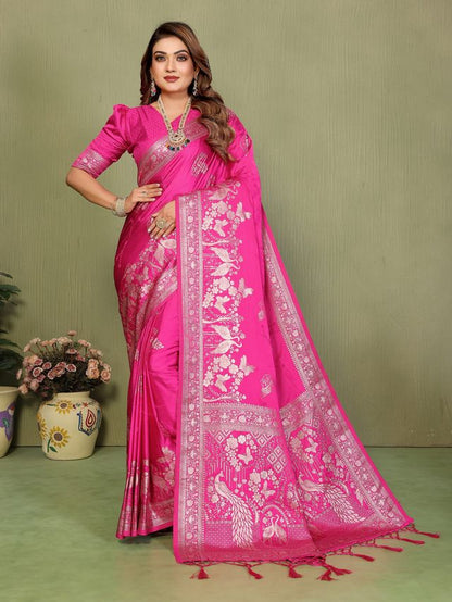Pink Color Satin Silk Fabric Woven Jari Designer Partywear Saree
