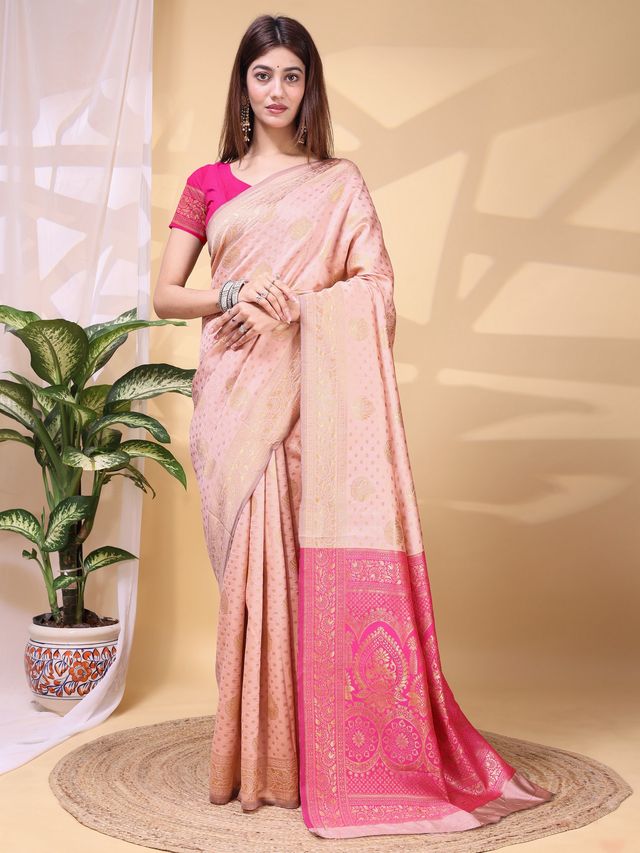 Pink Color Lichi Silk Fabric Beautiful Woven Designer Saree