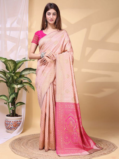 Pink Color Lichi Silk Fabric Beautiful Woven Designer Saree