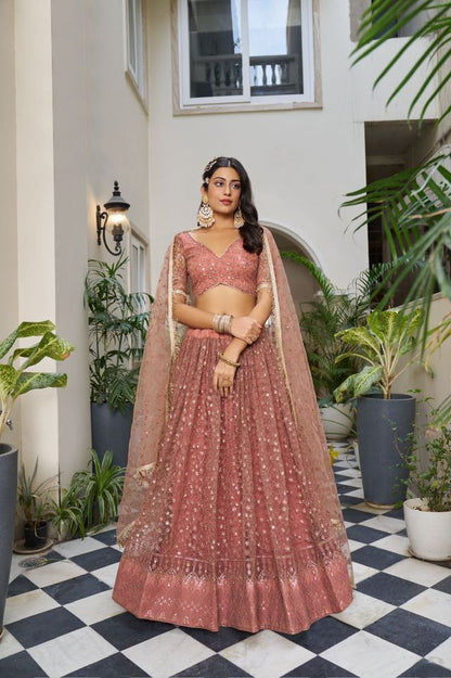 Rust Heavy Embroidery Net Semi Stitch A Line Lehenga With Blouse