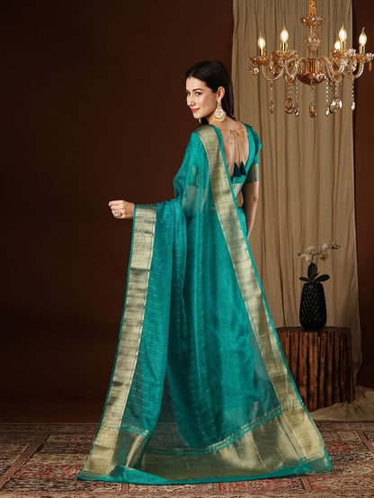 Aqua Blue Color Girlie Organza Fabric Woven Jacquard Designer Saree