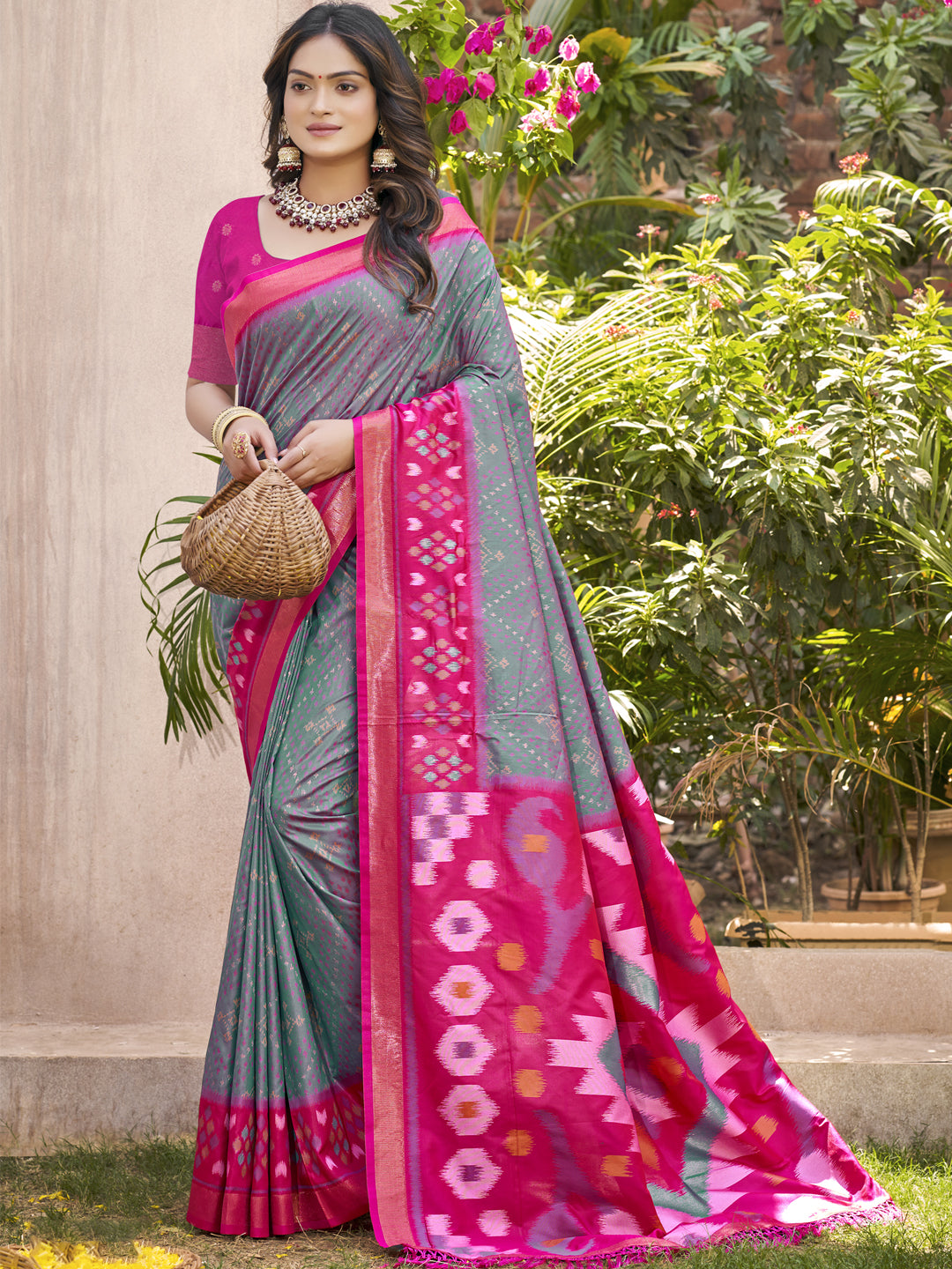 Grey Pochampalli Silk Saree with Floral Printed Work with Blouse