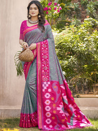 Grey Pochampalli Silk Saree with Floral Printed Work with Blouse