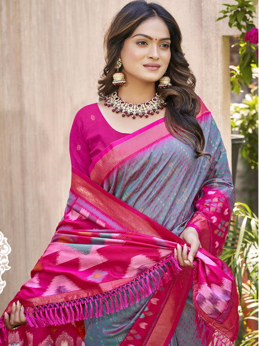 Grey Pochampalli Silk Saree with Floral Printed Work with Blouse