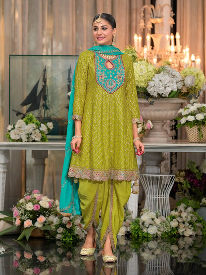 Green Embroderied Silk Stitched Dhoti Suit