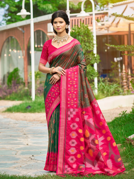 Green Soft Silk Saree with Floral Printed Work with Blouse