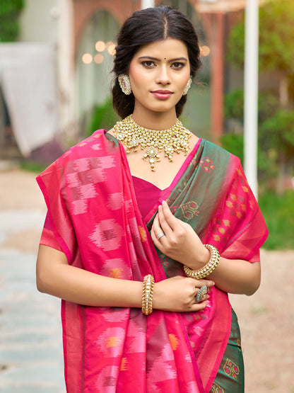 Green Soft Silk Saree with Floral Printed Work with Blouse