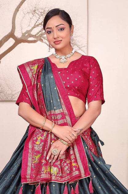 Grey patola print dola silk semi stitched lehenga choli with tassels