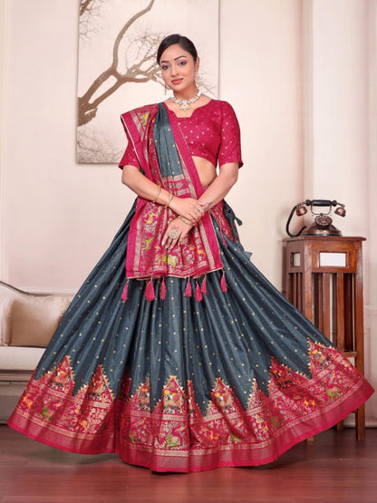 Grey patola print dola silk semi stitched lehenga choli with tassels