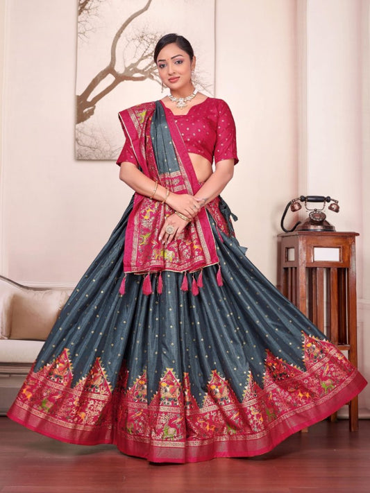 Grey patola print dola silk semi stitched lehenga choli with tassels
