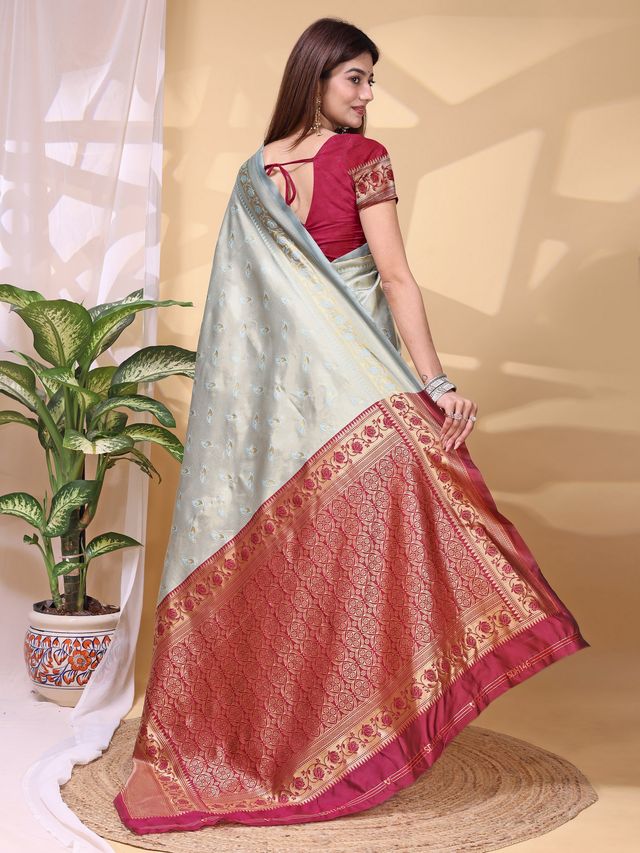 Sky Blue Color Lichi Silk Fabric Beautiful Woven Designer Saree