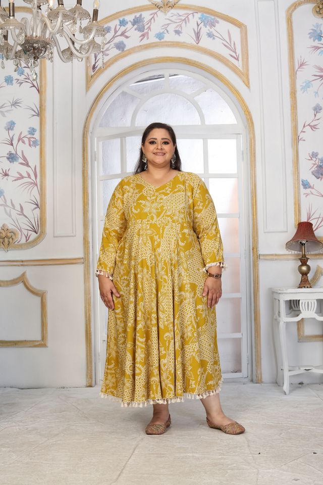 Mustard Color Rayon Fabric Designer Printed Plus Size Kurta For Girls