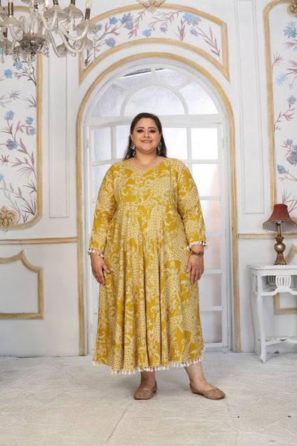 Mustard Color Rayon Fabric Designer Printed Plus Size Kurta For Girls