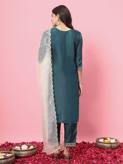 Green Color Silk Blended Ethnic Partywear Ceremonial Suit