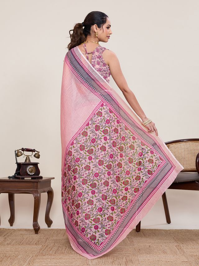 Pink Color Linen Silk Fabric Beautiful Partywear Saree