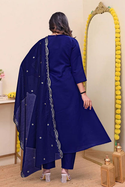 BlueColor Chanderi Silk Fabric Designer Embroiderd Stitched Suit